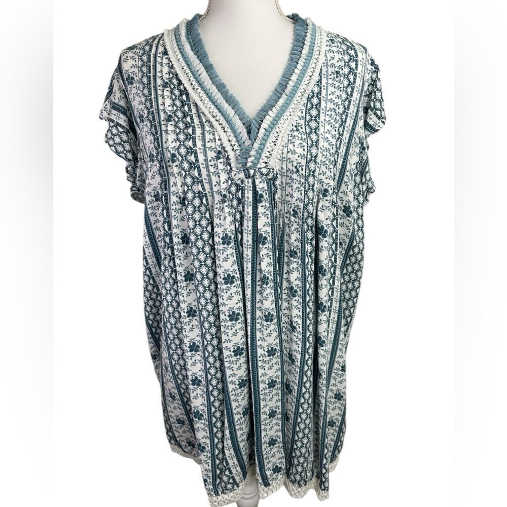 Goa Beachwear by Japna Sz XL Mini Dress Bathing Suit Coverup Blue‎ White Fringe